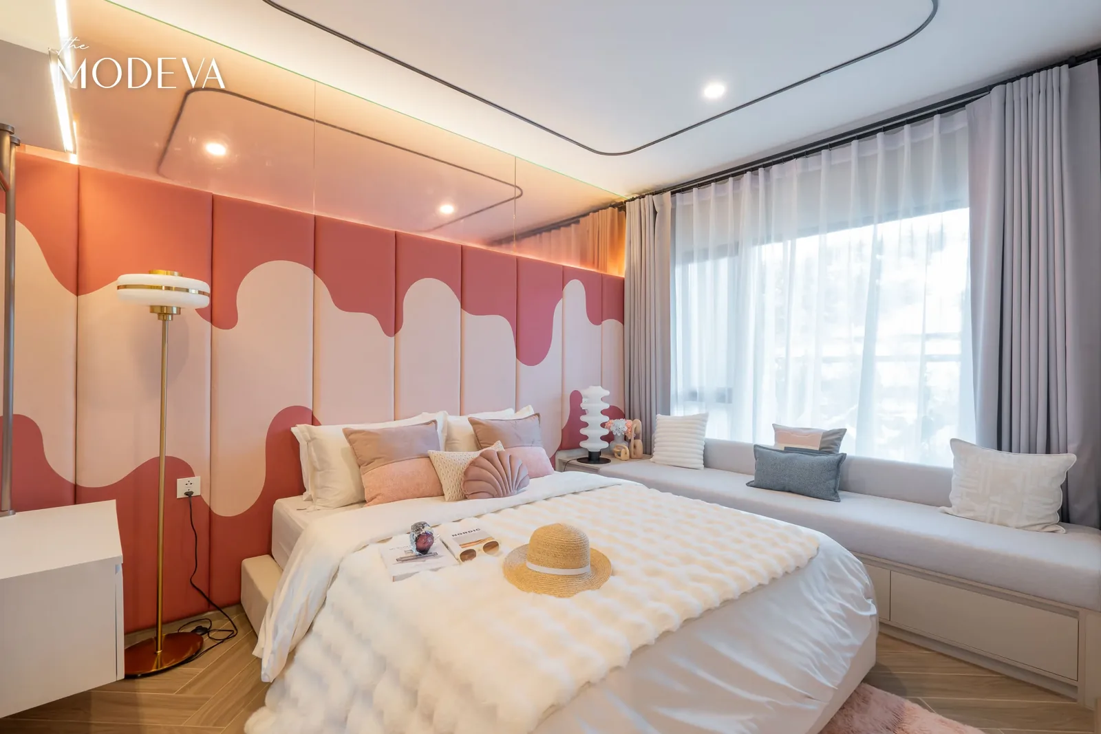 Bedroom with wavy terracotta wall panel — The Title Modeva, Bang Tao