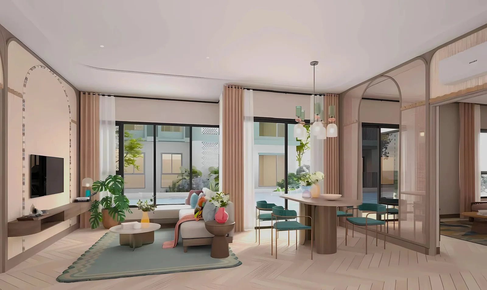 Living room with TV and dining area by the window — The Title Adora, Rawai