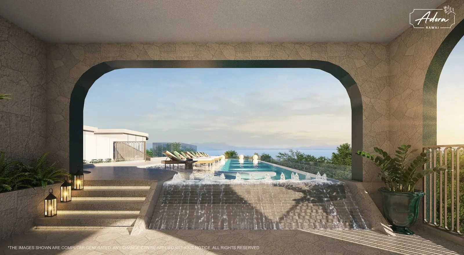Archway framing the pool and the sea — The Title Adora, Rawai