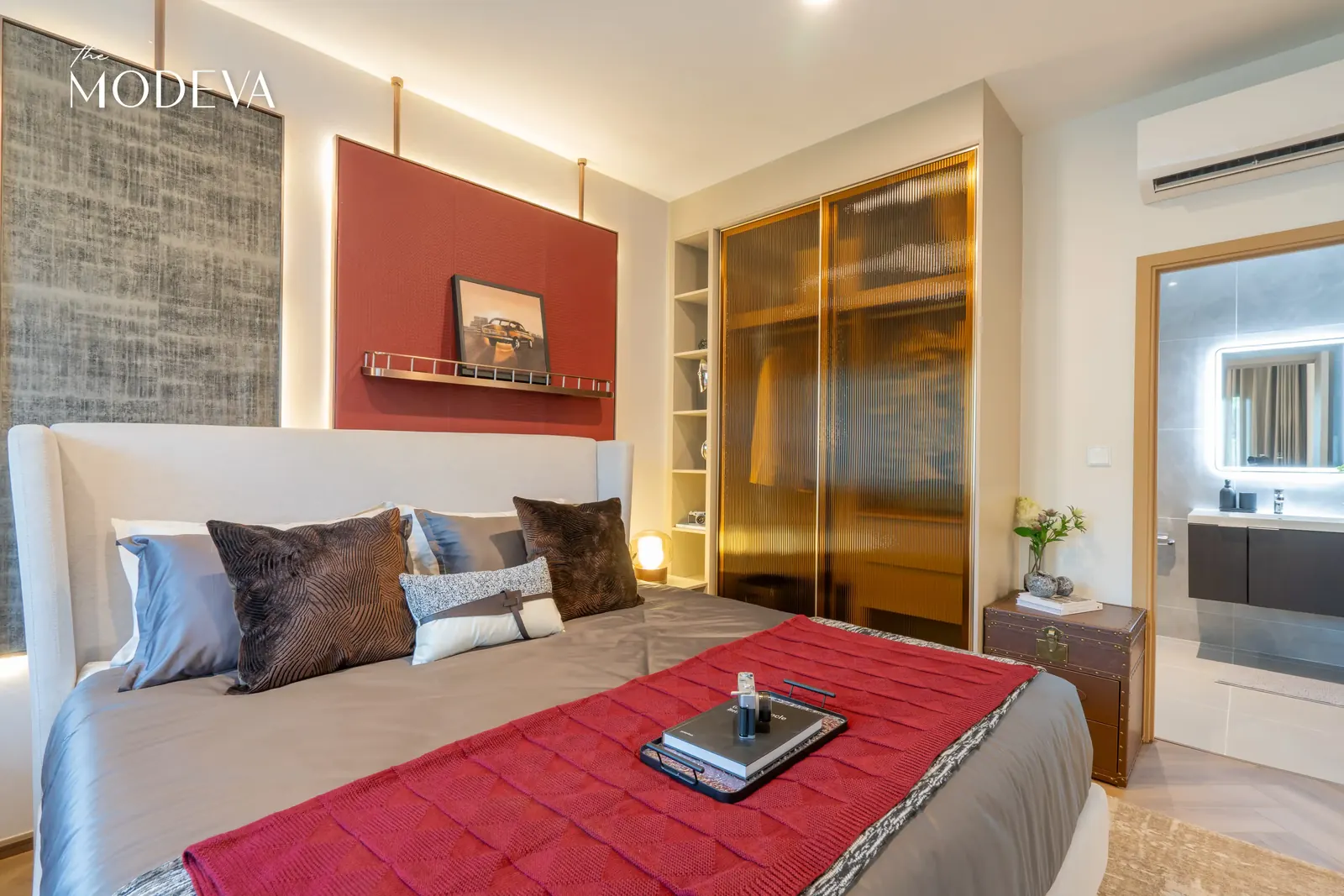Bedroom with red accent and bathroom access — The Title Modeva, Bang Tao