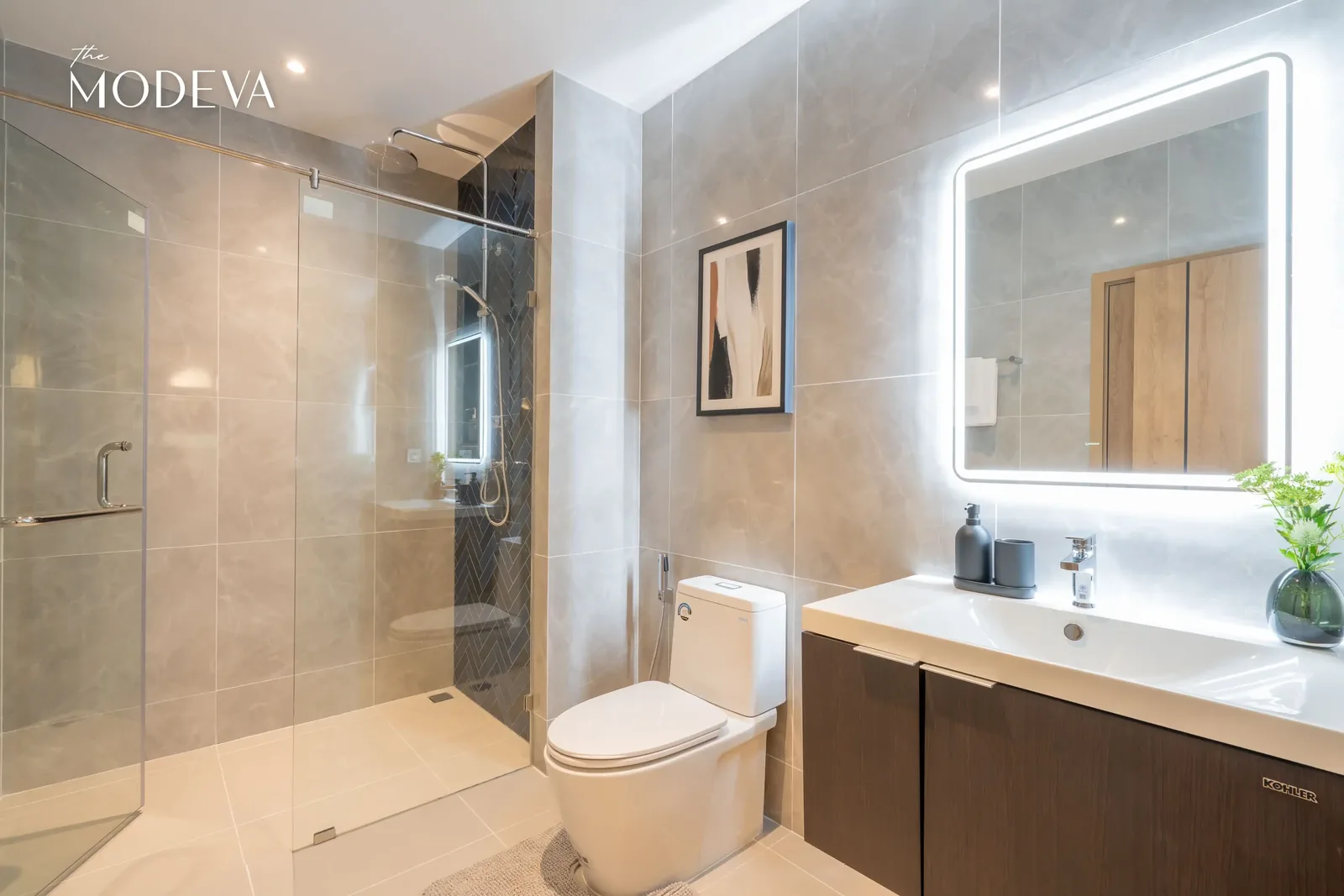Bathroom with backlit mirror and shower behind glass — The Title Modeva, Bang Tao