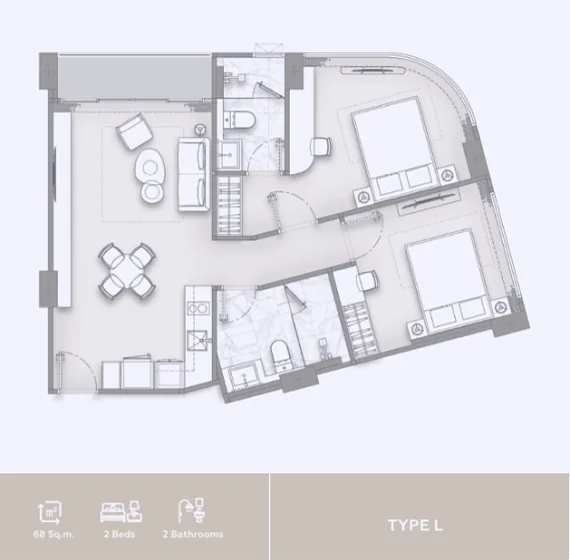 Планировка Type L, 68 м²: 2 спальни и 2 санузла — Vibe Residence Karon, Карон