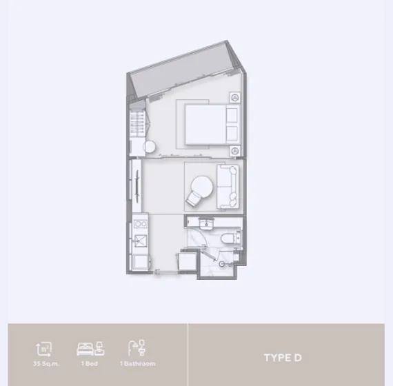Планировка Type D, 35 м²: спальня и санузел — Vibe Residence Karon, Карон