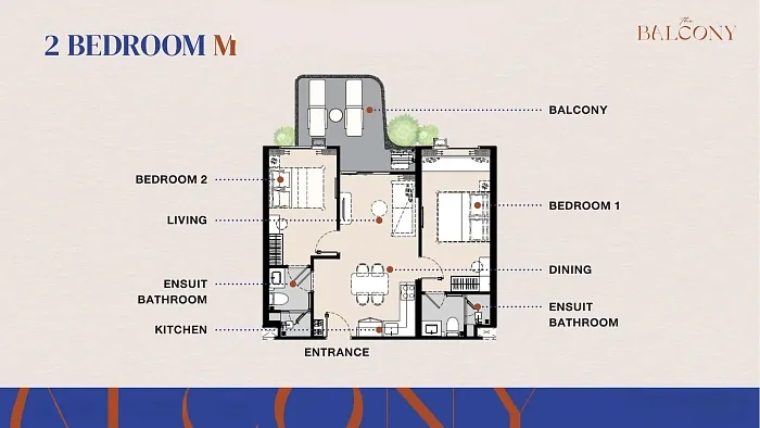 Планировка 2 Bedroom M с двумя санузлами — The Title Balcony Nai Yang, Найянг