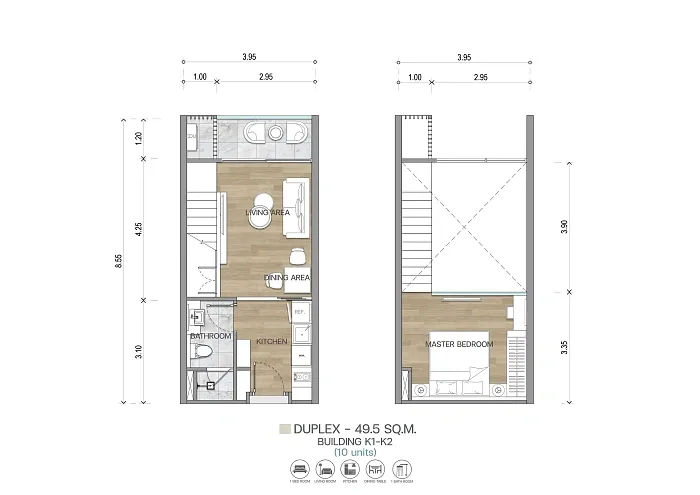 Планировка дуплекса 49,5 м², корпус K1-K2 — The Balance, Ката
