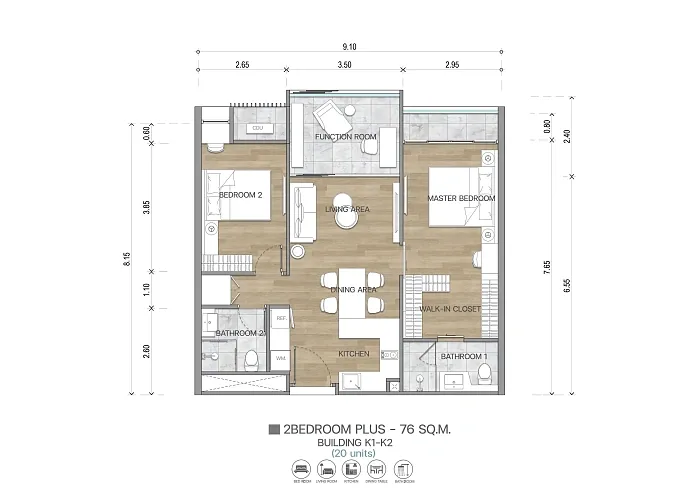 Планировка 2 Bedroom Plus 76 м², корпус K1-K2 — The Balance, Ката