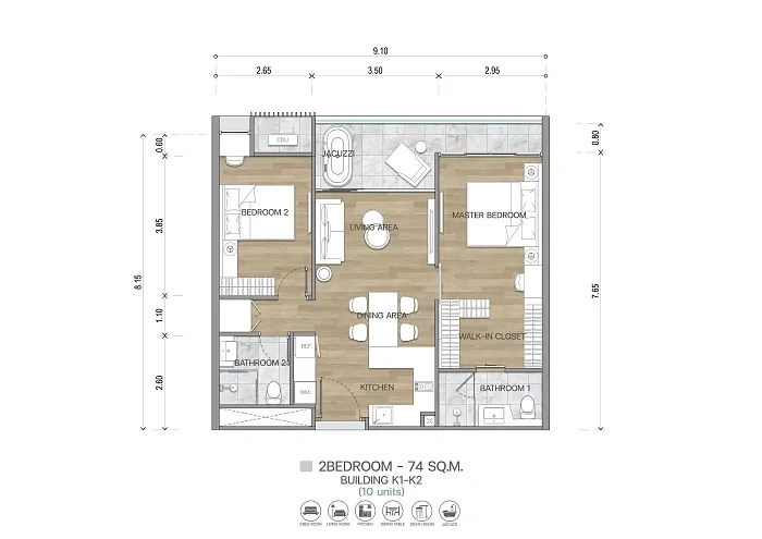 Планировка 2 Bedroom 74 м², корпус K1-K2 — The Balance, Ката