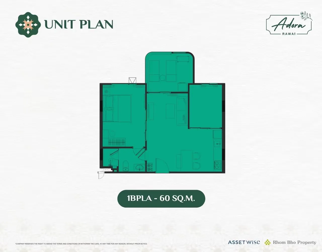 Планировка 1BPLA, 60 м² — The Title Adora, Раваи