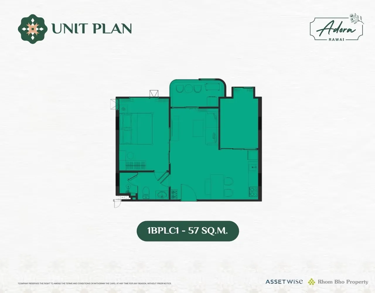 Планировка 1BPLC1, 57 м² — The Title Adora, Раваи