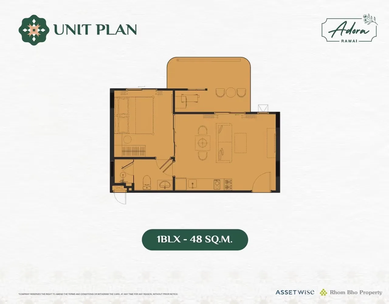 Планировка 1BLX, 48 м² — The Title Adora, Раваи