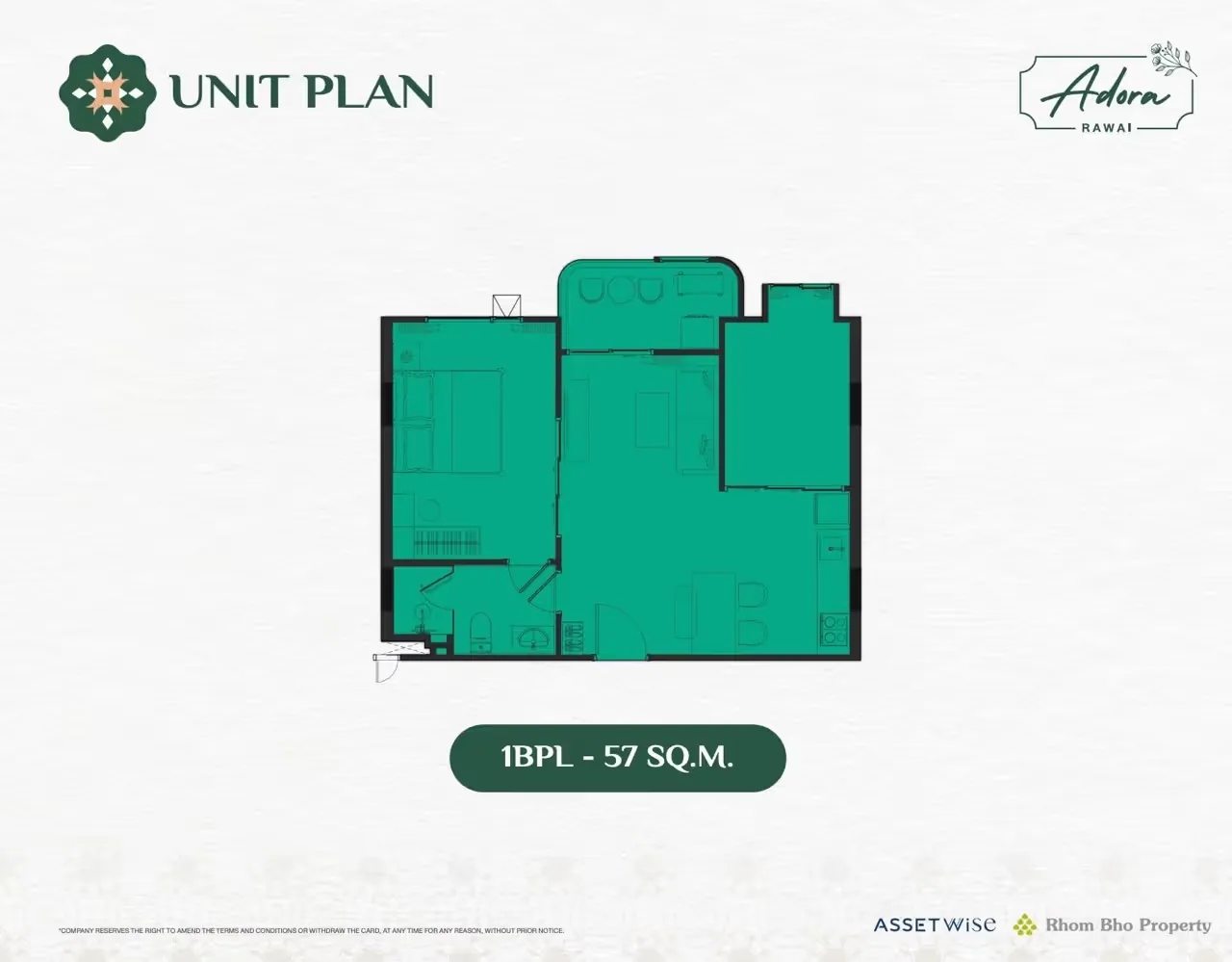 Планировка 1BPL, 57 м² — The Title Adora, Раваи