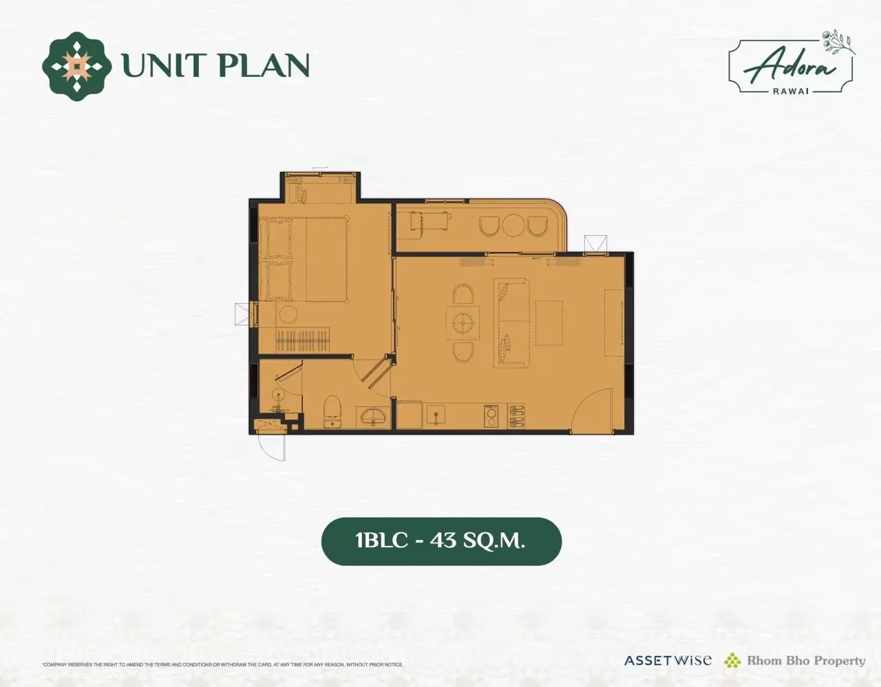 Планировка 1BLC, 43 м² — The Title Adora, Раваи