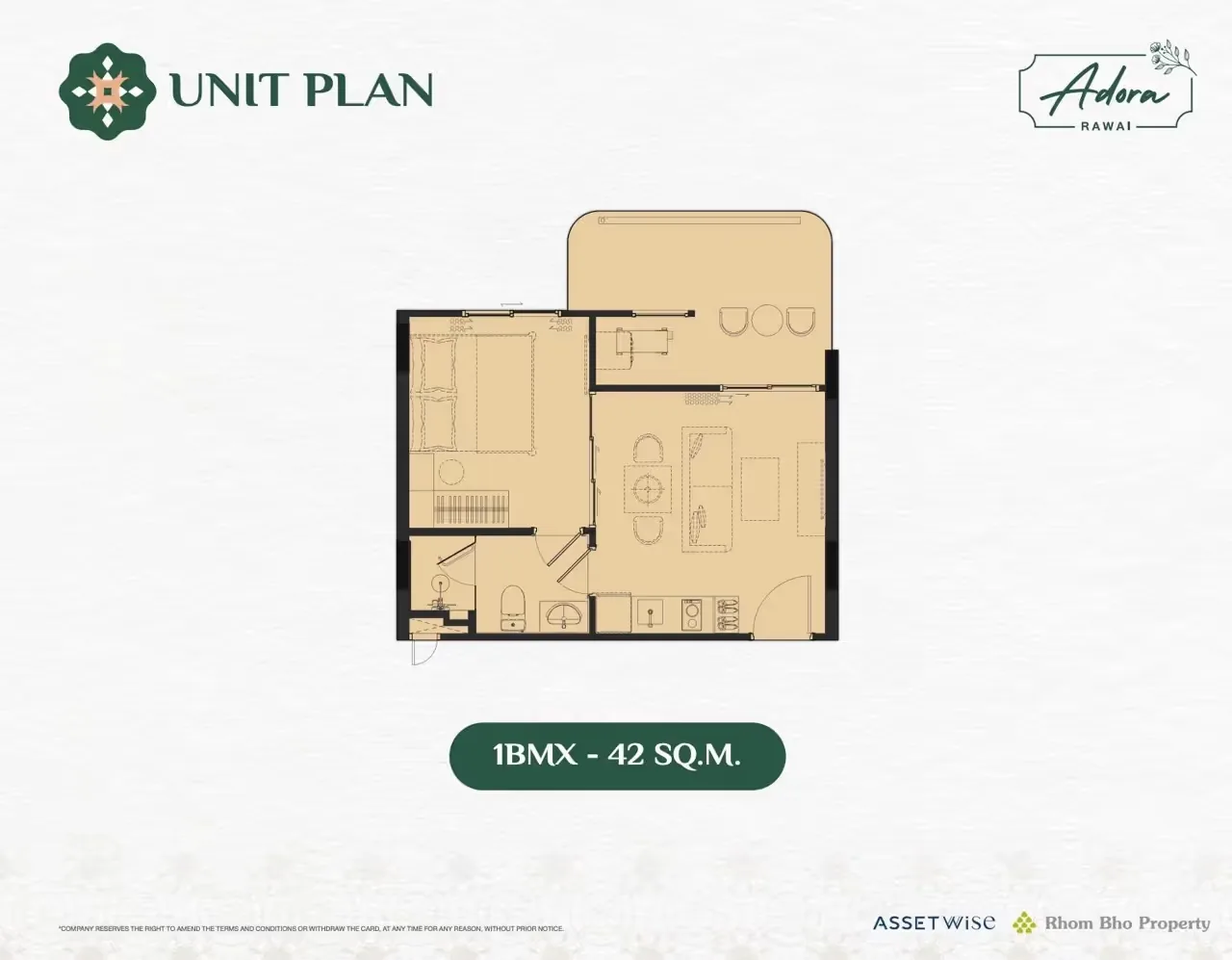 Планировка 1BMX, 42 м² — The Title Adora, Раваи
