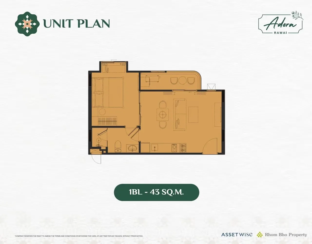 Планировка 1BL, 43 м² — The Title Adora, Раваи