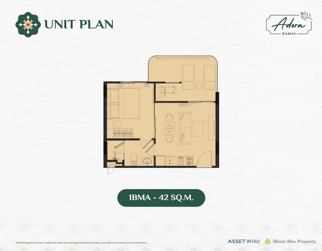 Планировка 1BMA, 42 м² — The Title Adora, Раваи