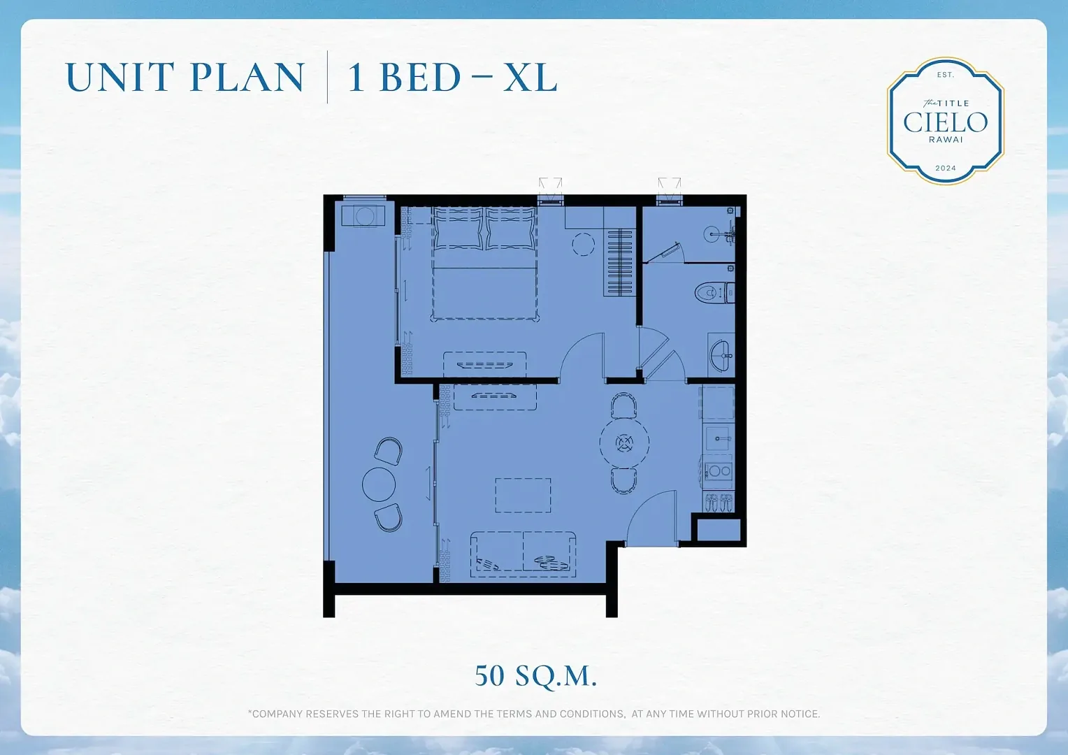 1 Bed XL floor plan, 50 sq m — The Title Cielo, Rawai