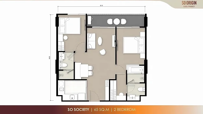 Планировка So Society, 65 м², 2 спальни — So Origin Kata, Ката