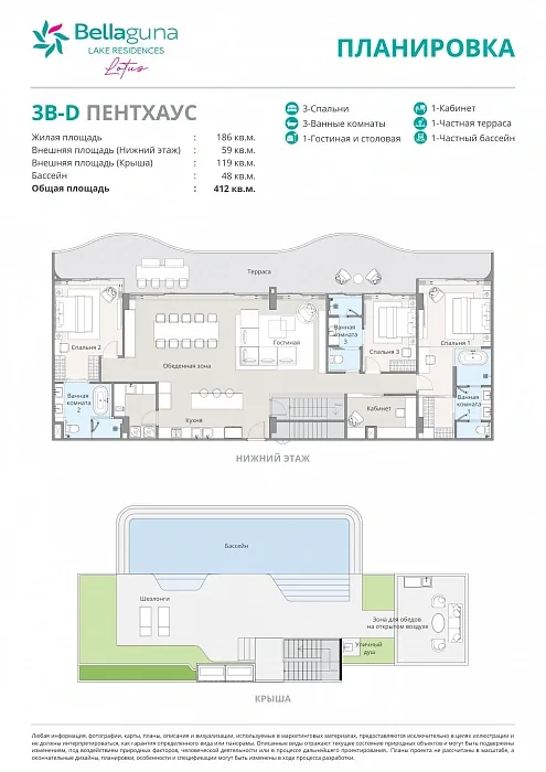 Планировка 3B-D пентхаус с бассейном, 412 м² — Bellaguna Lake Residences Lotus, Банг Тао