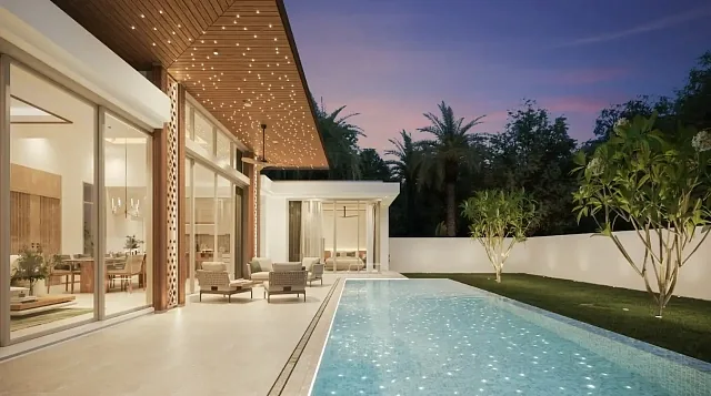 Вилла вечером с подсвеченным бассейном — The Ozone Campus Villa, Банг Тао