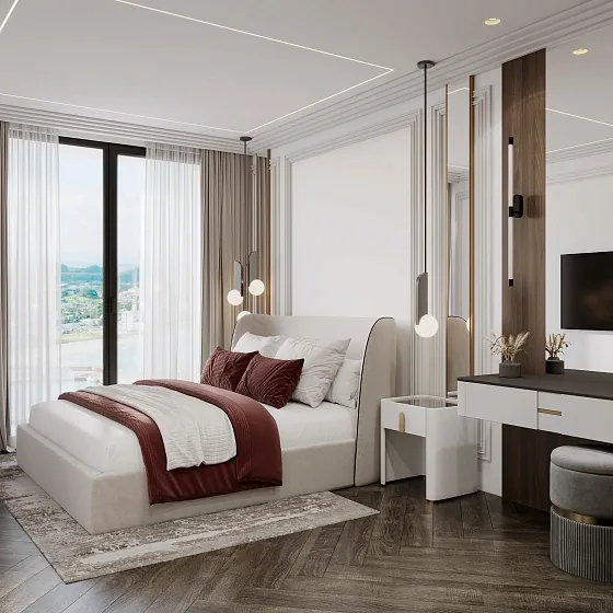 Спальня с туалетным столиком и панорамным окном — Hennessy Residence, Карон