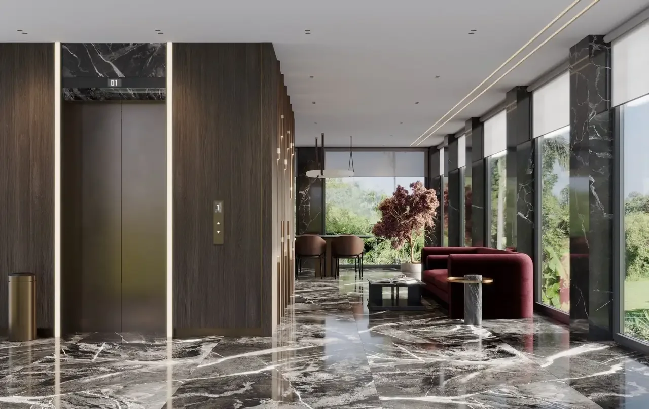 Лифтовой холл в мраморной отделке — Hennessy Residence, Карон