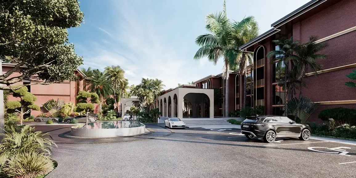 Проезд вдоль корпуса с фонтаном — Hennessy Residence, Карон