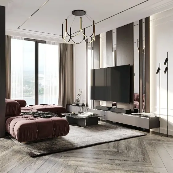 Гостиная с модульным диваном и телевизором — Hennessy Residence, Карон