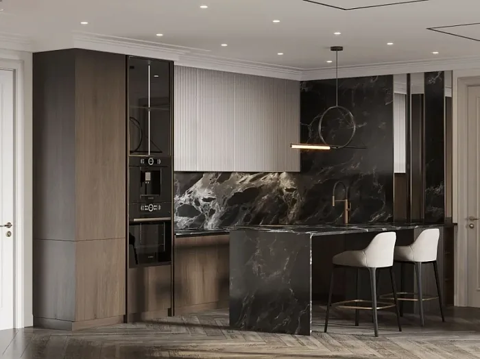 Кухня с чёрным мрамором и барной стойкой — Hennessy Residence, Карон