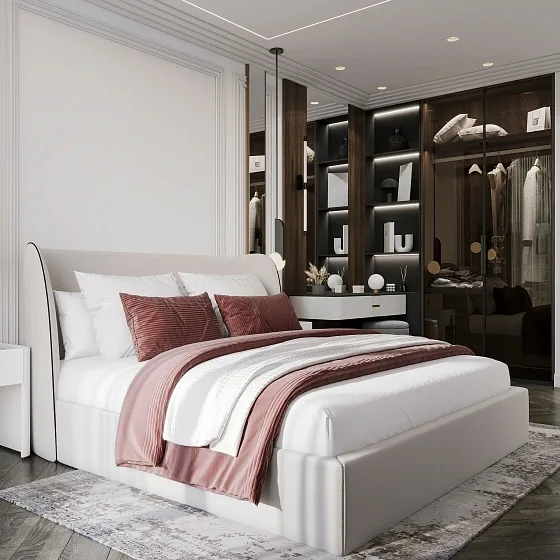 Спальня с гардеробной и открытыми полками — Hennessy Residence, Карон