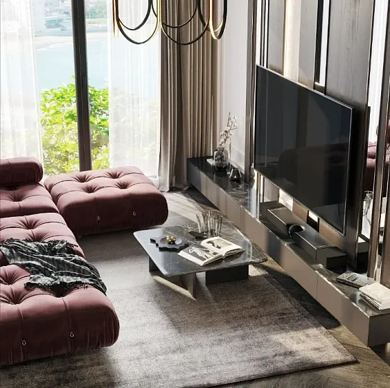 Гостиная с модульным диваном и телевизором — Hennessy Residence, Карон