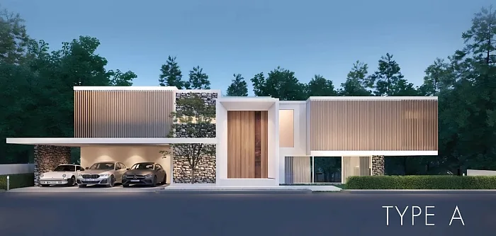 Фасад виллы Type A с парковкой в сумерках — Clover Residence, Банг Тао