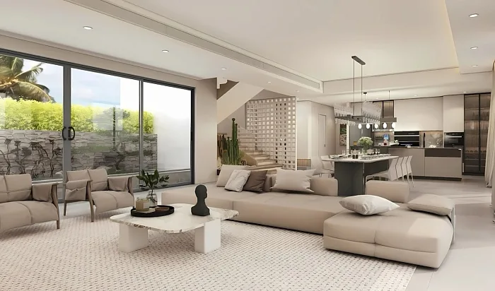 Гостиная с модульным диваном и кухней за перегородкой — Clover Residence, Банг Тао