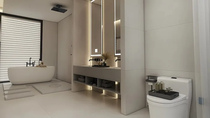 Ванная с отдельностоящей ванной и двойной раковиной — Clover Residence, Банг Тао