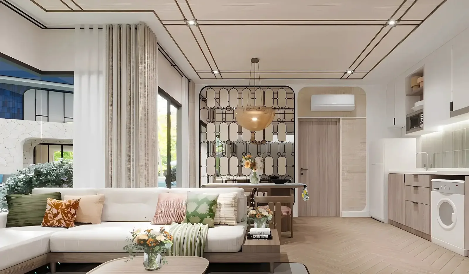 Living room with sofa and kitchen behind a decorative screen — The Title Cielo, Rawai