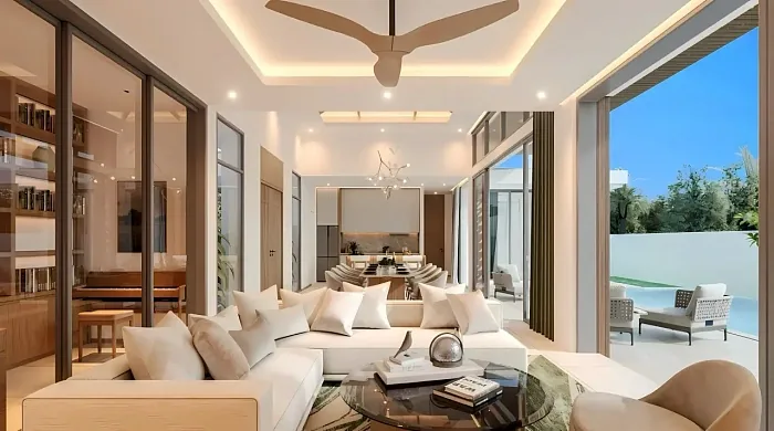 Гостиная с диваном и выходом к бассейну — The Ozone Campus Villa, Банг Тао