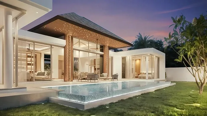 Терраса и бассейн виллы в сумерках — The Ozone Campus Villa, Банг Тао