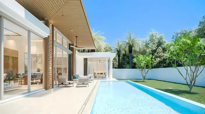 Терраса вдоль бассейна с деревянным потолком — The Ozone Campus Villa, Банг Тао