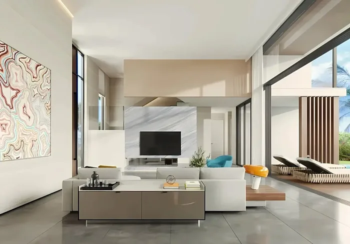 Гостиная с телевизором и мраморной стеной — Ayana Luxury Villas, Банг Тао
