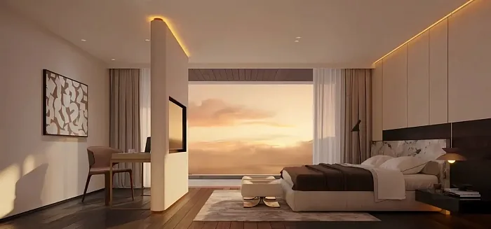 Спальня с рабочим столом и панорамным окном на закате — Ayana Luxury Villas, Банг Тао