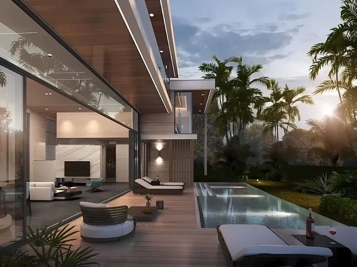 Терраса с лаунж-зоной у бассейна вечером — Ayana Luxury Villas, Банг Тао