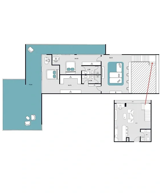 Планировка дуплекса с бассейном, 80 м² — Essence, Раваи