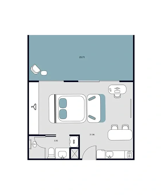 Планировка студии 52 м² с террасой 23,71 м² — Essence, Раваи
