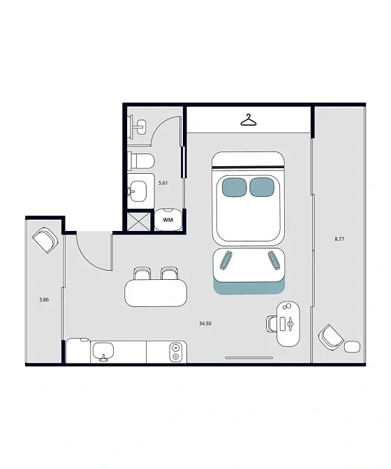Планировка студии 52 м² с угловой террасой — Essence, Раваи