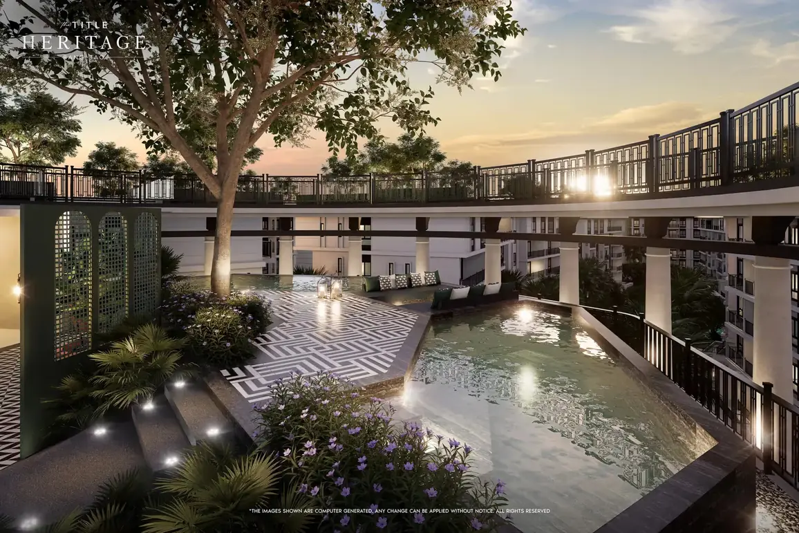 Terrace with a reflecting pool in the evening — The Title Heritage, Bang Tao