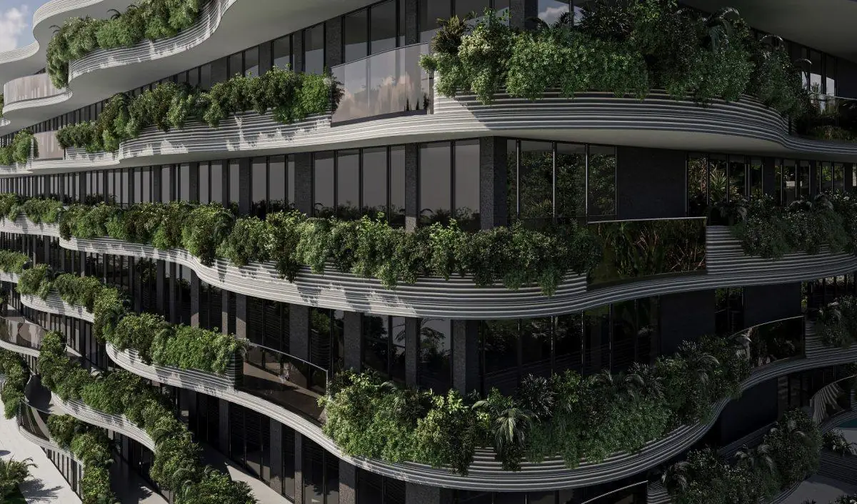 Tiers of balconies with plants, close-up — Sunny Moon Phuket, Nai Harn