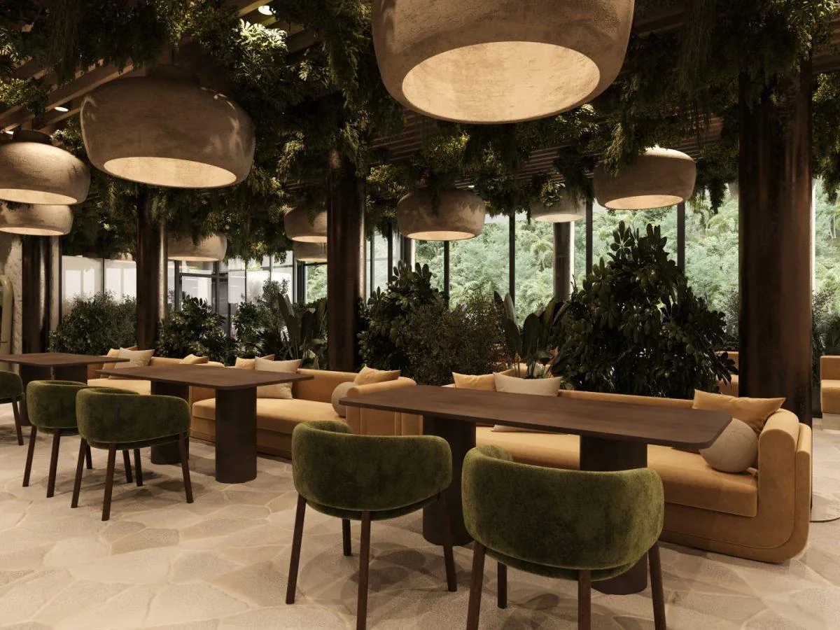 Co-working space with a long table and greenery — Sunny Moon Phuket, Nai Harn