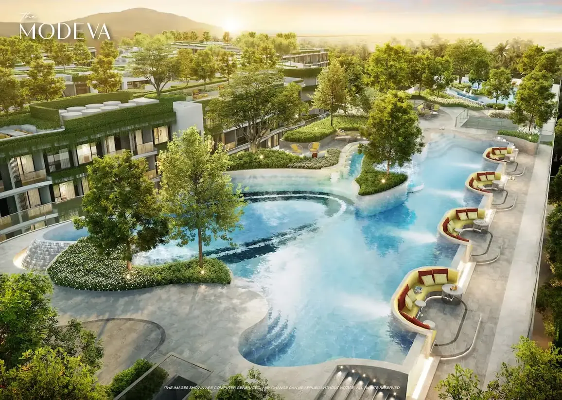 Lagoon pool along the buildings, aerial view — The Title Modeva, Bang Tao