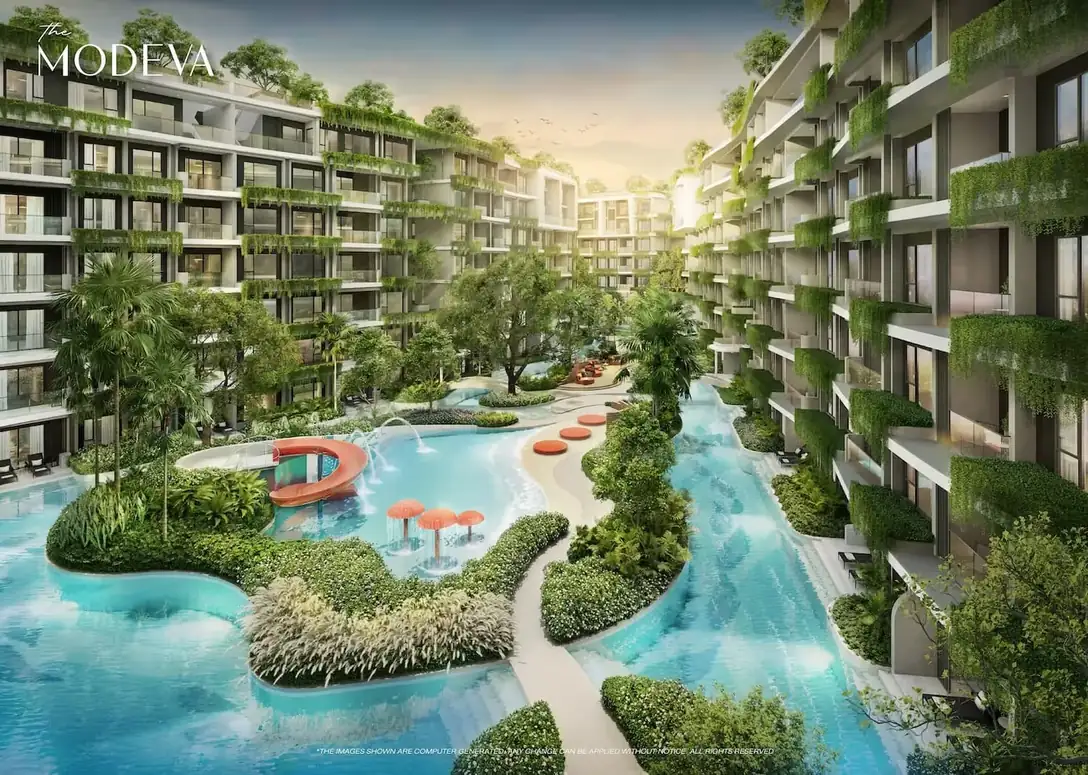 Lazy river pool with islands between the buildings — The Title Modeva, Bang Tao