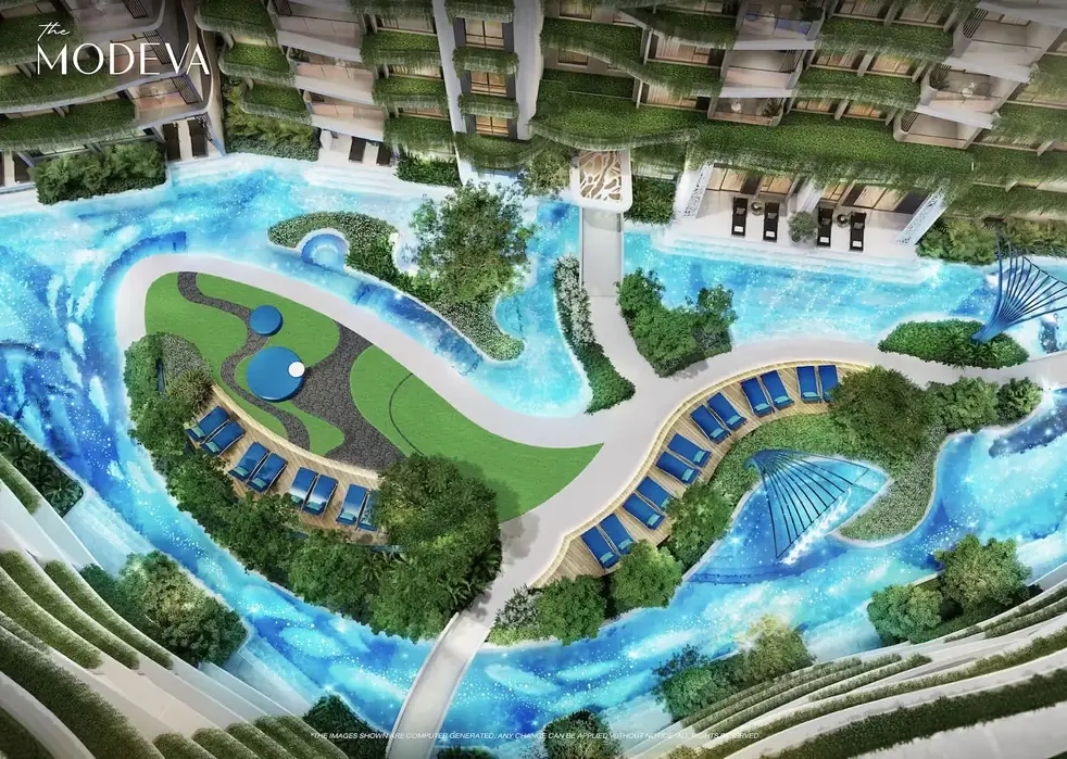 Lounge area with sun loungers by the pool, aerial view — The Title Modeva, Bang Tao