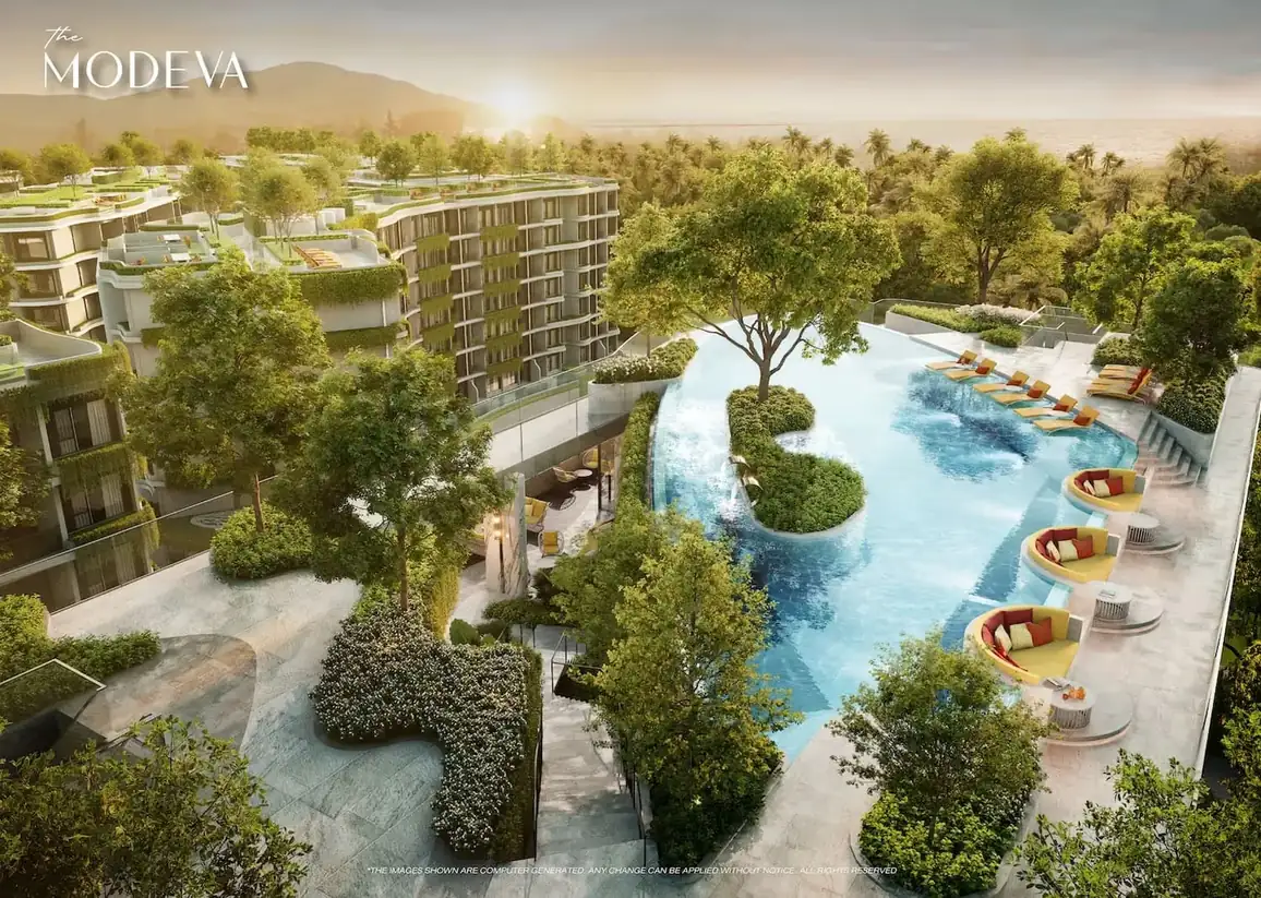 Pool with sun loungers at sunset — The Title Modeva, Bang Tao